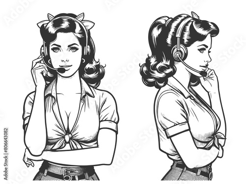 Technical support vintage office worker woman sketch engraving generative ai fictional character raster illustration. Scratch board imitation. Black and white image.