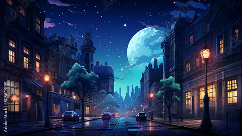 A vector image of a bustling city street at night.
