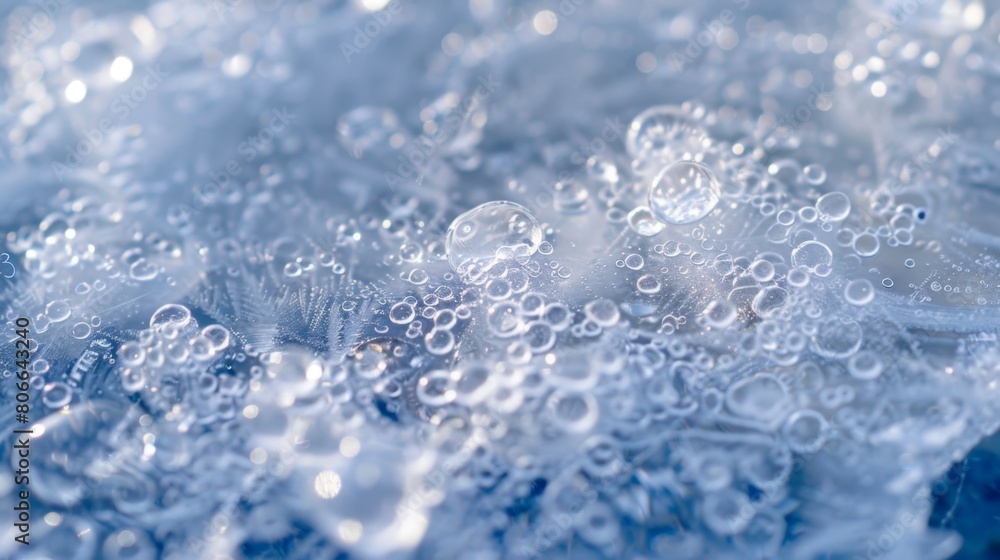 Fototapeta premium Stunning macro view capturing the ethereal beauty of tiny ice bubbles trapped in frozen water, highlighted by delicate ice crystals.