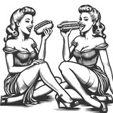 two retro-styled women playfully eating hot dogs joyful moment in vintage fashion sketch engraving generative ai fictional character raster illustration. Scratch board imitation. Black and white image