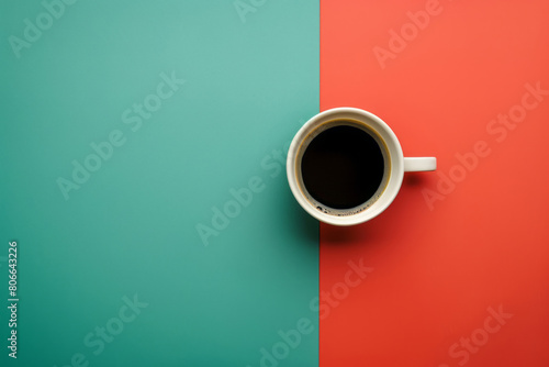 A top view of a coffee cup, isolated on two pieces of board, bold geometric minimalism and contrasting backgrounds.