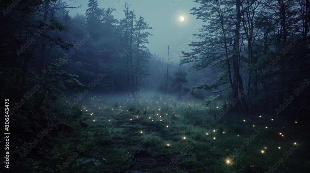 A serene forest clearing bathed in moonlight, dotted with numerous small, sparkling lights, creating a magical and mysterious atmosphere.
