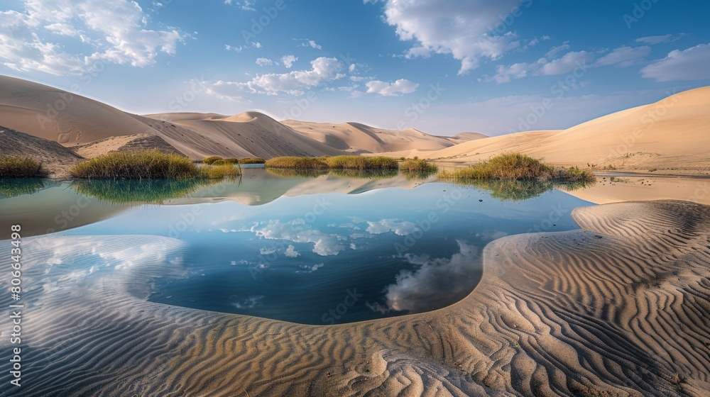 A stunning desert oasis with calm waters reflecting blue skies, surrounded by soft sand dunes and vibrant green vegetation.