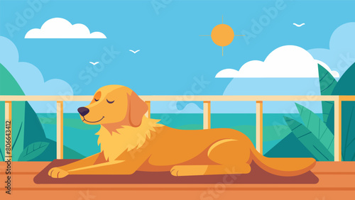A lazy golden retriever relaxes on a sunny balcony while an AI mood enhancer plays peaceful nature sounds to lull him into a peaceful nap.. Vector illustration