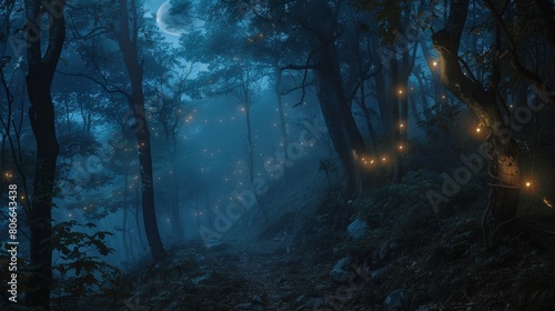 A mystical forest path under a full moon, with twinkling lights scattered amongst the trees, creating a magical, serene atmosphere.
