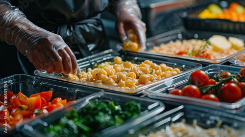 Worker preparing healthy meals in disposable containers