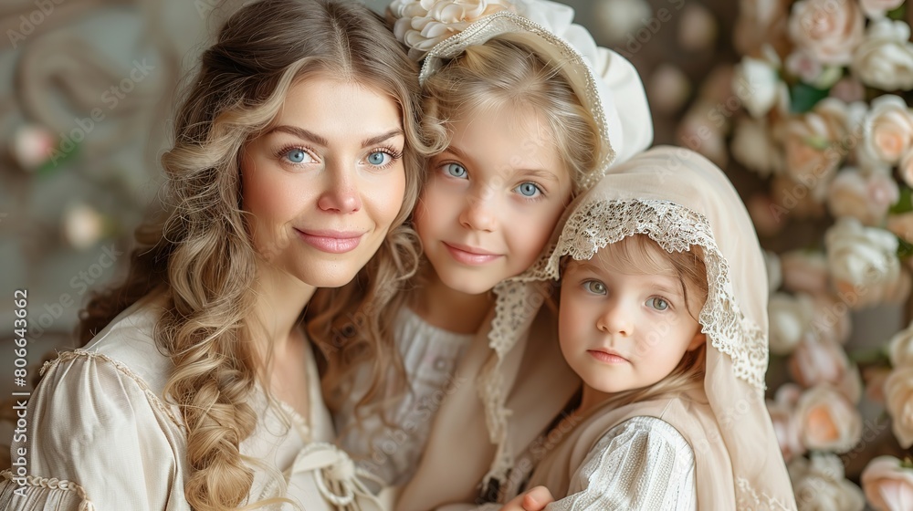 Obraz premium Mother's Day celebration moment, natural family, three generations together, young mothers deeply embrace their lovely children, full of laughter and smiles, warm family intimate interaction in a rela