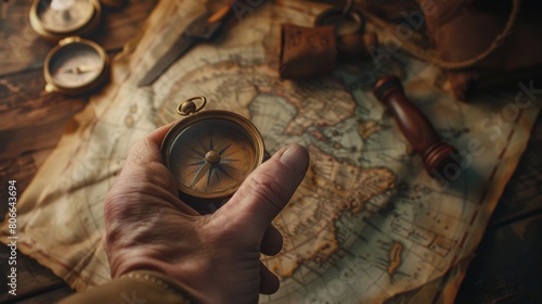Close-up of a hand holding a golden compass above an old world map, suggesting themes of adventure and exploration. photo
