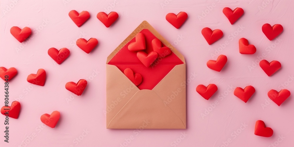 Red paper hearts, surrounded by an envelope, on a pink background, whimsical compositions, a simple and elegant style, composed aesthetics, spatial perspective