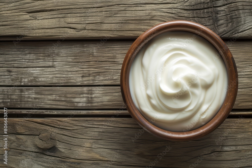 Yogurt in a bowl on a wooden table, captured from a top view, smooth and curved lines and a flat design. Yogurt in a bowl on a wooden table, captured from a top view, smooth and curved lines and a flat design.