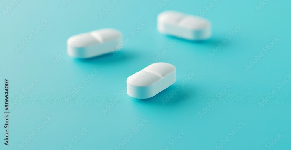 White pills are placed together on a blue table with space for text, bright colors, bold shapes, and colors of light teal, light azure, muted aesthetics, and minimalist compositions. White pills are placed together on a blue table with space for text, bright colors, bold shapes, and colors of light teal, light azure, muted aesthetics, and minimalist compositions.