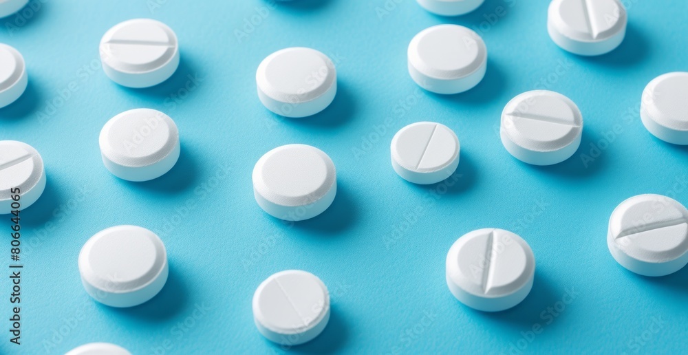 White pills resting on a blue background, bold compositions, rounded shapes, tabletop photography, and colors of light gray, cyan, and bold and vibrant primary colors. White pills resting on a blue background, bold compositions, rounded shapes, tabletop photography, and colors of light gray, cyan, and bold and vibrant primary colors.