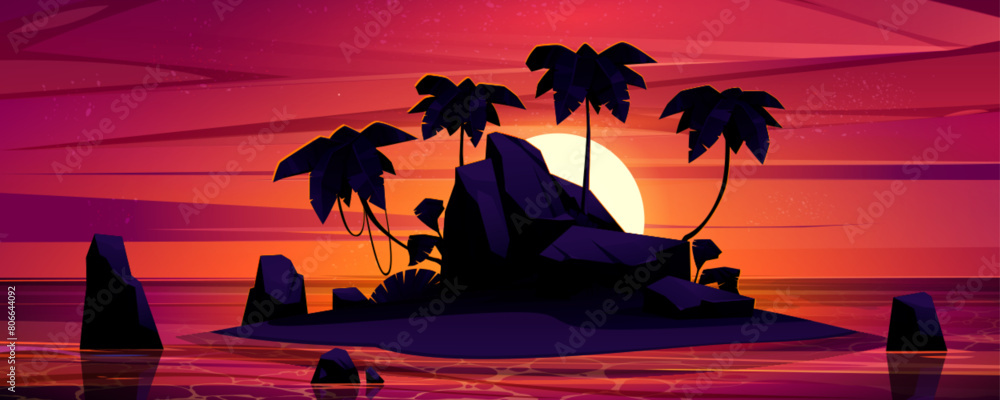Fototapeta premium Tropical island silhouette on sunset background. Vector cartoon illustration of rocky piece of land in ocean, sun going down on orange horizon, lianas on palm trees, stones in water, travel paradise