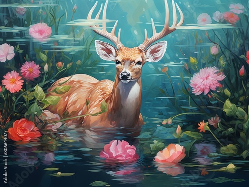 Deer in enchanted forest pond with flowers