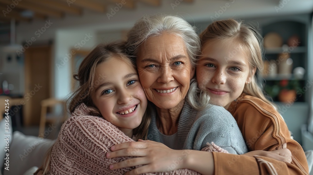 Obraz premium Mother's Day celebration moment, natural family, three generations together, young mothers deeply embrace their lovely children, full of laughter and smiles, warm family intimate interaction in a rela