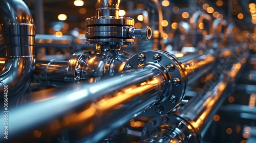 Highly detailed image of a network of polished metal pipes with glowing orange lights in an industrial setting.
 photo