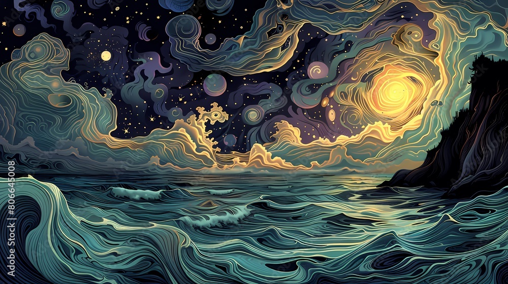 Obraz premium light blue purple bright moon on sea illustration poster background
