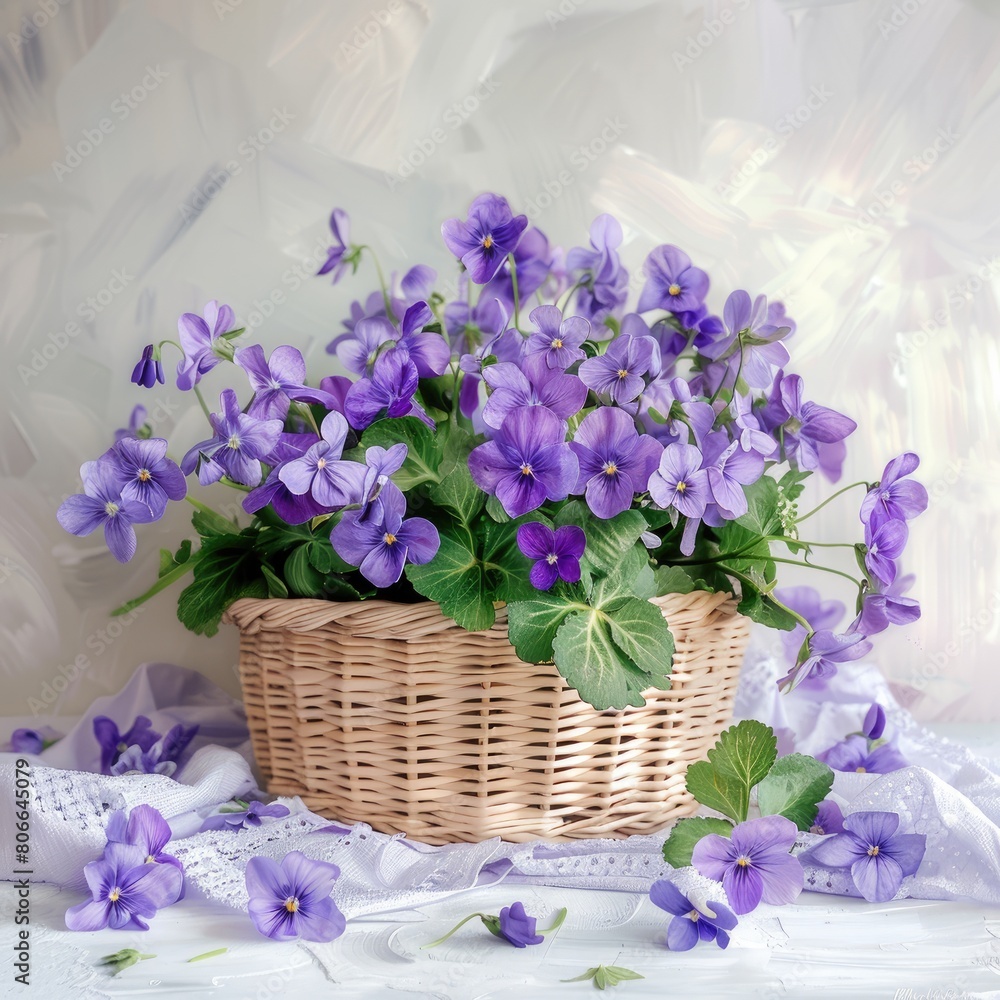 Basket with violets close-up isolated on white background.Symbol of spring, romantic gift, beautiful flowers, flora, nature, ecology.