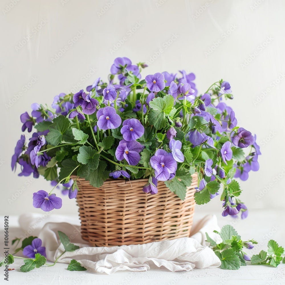 Basket with violets close-up isolated on white background.Symbol of spring, romantic gift, beautiful flowers, flora, nature, ecology.