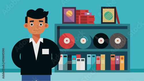 The record store owner stands next to a display of rare collectible records each with a unique story of how it came into his possession. Vector illustration