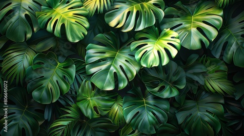 A lush  tropical Monstera deliciosa plant with dark green leaves and a vibrant green background.