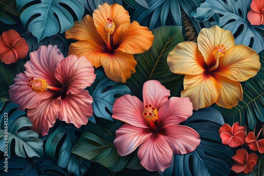 A watercolor painting of a tropical garden with large hibiscus flowers. The colors should be vibrant and saturated. The painting should have a sense of movement and energy.