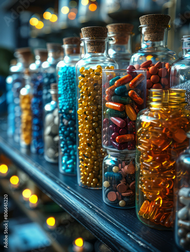 Dive into the world of science with a depiction of molecular connections among jars of dietary supplements, crafted using AI generative techniques.
