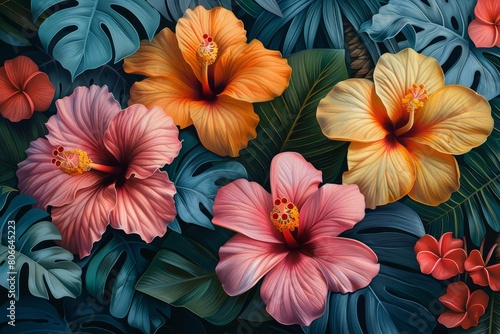 A watercolor painting of a tropical garden with large hibiscus flowers. The colors should be vibrant and saturated. The painting should have a sense of movement and energy.
