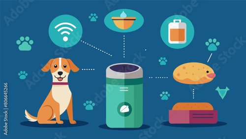 A voicecontrolled feeding system that allows pet owners to remotely dispense food and track their pets consumption patterns helping them make informed. Vector illustration