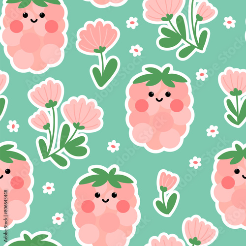 Smiling cute raspberry seamless pattern