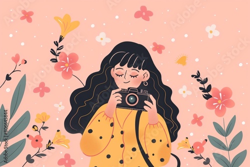 Girl with camera surrounded by whimsical floral illustrations