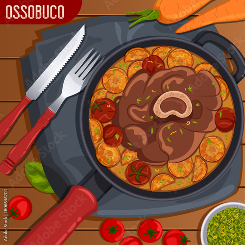 Ossobuco Pan with Silverware, Cherry Tomatoes, Carrots & Gremolata on Wooden Table - Italian Cuisine Top View Illustration 