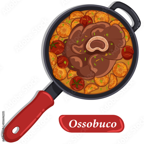 Veal Ossobuco with Sundried Cherry Tomatoes in Pan - Top View Vector Illustration 