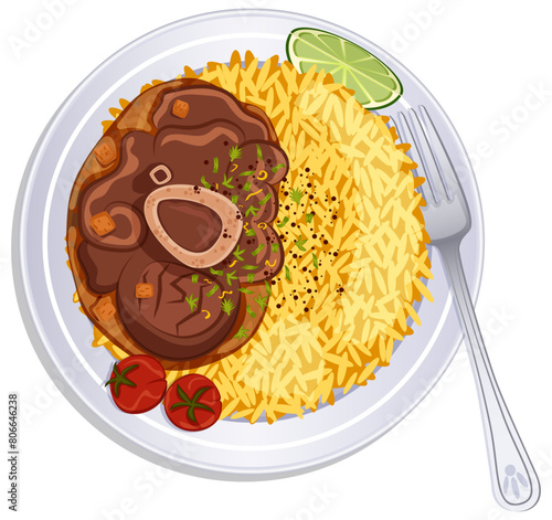 Ossobuco Plate with Risotto & Garnished with Gremolata - Italian Cuisine Top View Illustration 