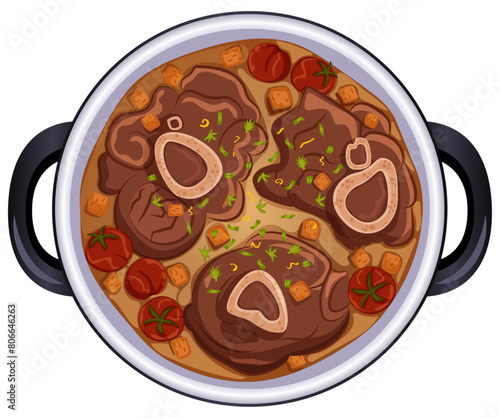 Osso Buco Pot with Sundried Tomatoes & Diced Carrots - Lombard Cuisine Top View Illustration 