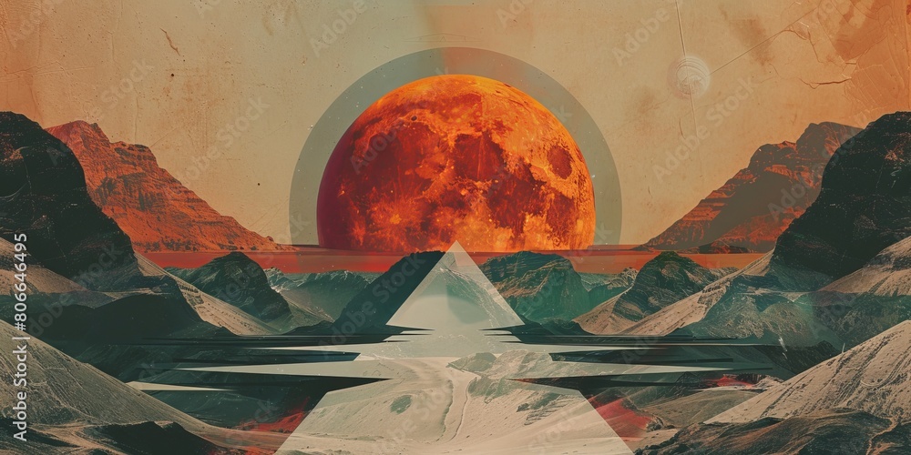 The image is a surreal landscape with a large red moon rising over a mountain range