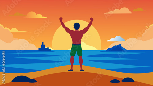 As the sun sets on the horizon the sound of cheers echoes across the beach as the victorious wrestler rises from the sand in triumph.. Vector illustration