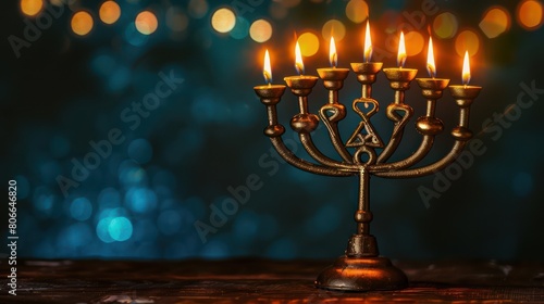 A close-up of a traditional Hanukkah menorah with glowing candles, symbolizing the Festival of Lights and the miracle of the oil.  photo