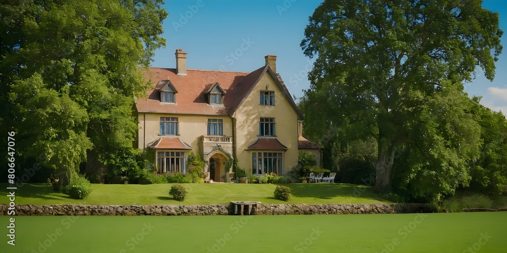 Obraz premium beautiful forest cottage with a red roof and a large green porch dream house