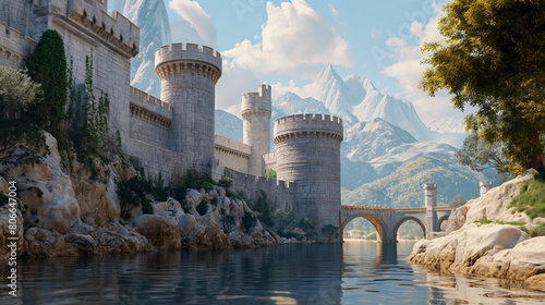 Serene medieval castle with towers and an arched bridge over a calm river, set against a backdrop of majestic mountains photo