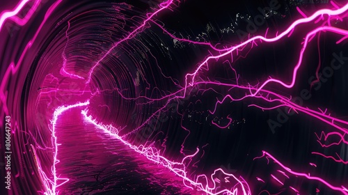 Vibrant neon pink arcs form an erratic, lightning-like tunnel against a black backdrop. photo