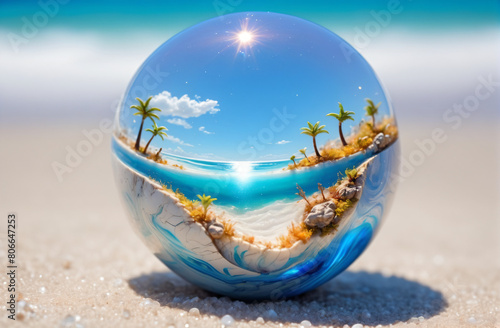Pleasant sensations on the eve of a vacation, a transparent glass ball on a tropical beach reflecting the sun, sea, waves and sand