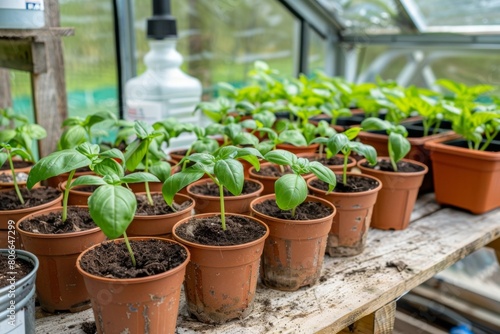Healthy Basil Plants Growing in a Greenhouse - Agriculture, Culinary Herbs, Sustainable Farming © melhak