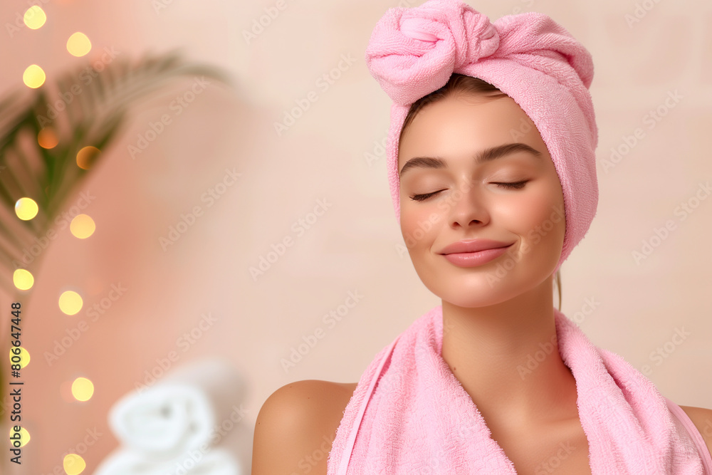 A woman is wearing a pink towel and smiling A woman is wearing a pink towel and smiling