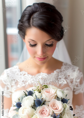 A woman wearing a white wedding dress is holding a bouquet of flowers