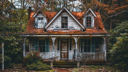 Rustic vintage farmhouse with weathered gable and porch in charming rural setting