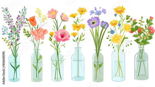 Flower bouquet, Bunch of plants in vase and glass bottle collection, cartoon blooming peony and colorful meadow greenery, decorative foliage, isolated garden flowers botanical decoration set