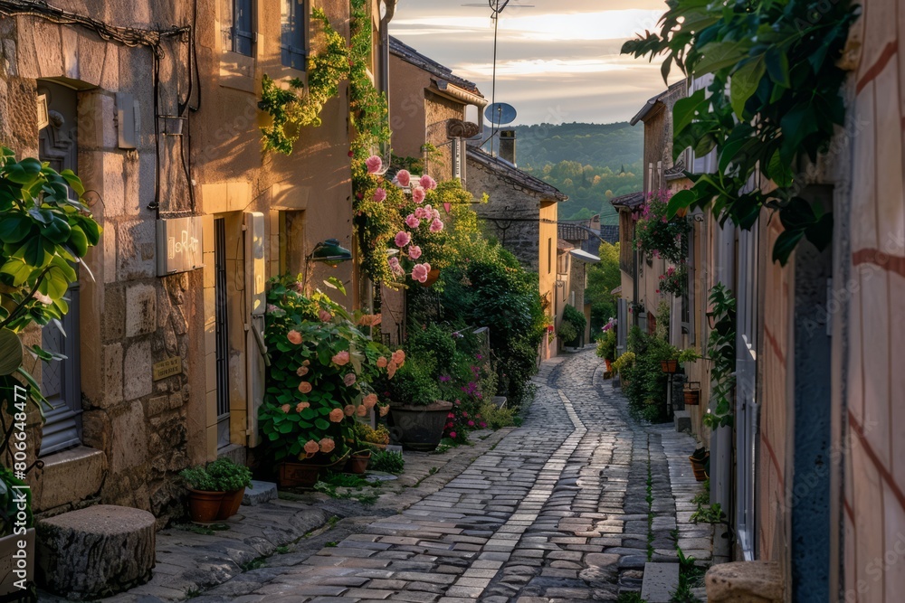 Discover the quiet beauty of dawn in a sleepy village, with cobblestone streets bathed in the soft glow of morning light and the smell of freshly, Generative AI