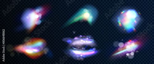 Iridescent diamond flare light with overlay effect on transparent bg. Realistic vector illustration set of rainbow crystal or glass spectrum glare refraction texture with sparkles and streaks.