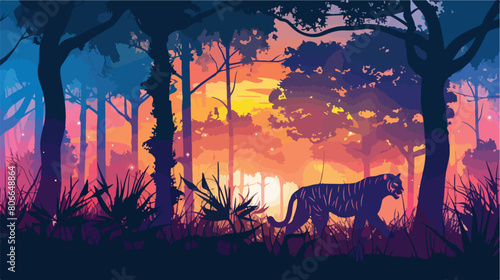Tiger cartoon in forest next to the trees in colorful